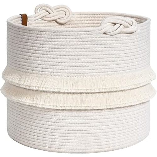 CherryNow Toy Basket Baby Laundry Basket, Storage Basket for Blankets, White Basket for Nursery, Gift Basket Empty to Fill, Cute Basket for Home Decor, Woven Basket for Living Room, 15" x 13"