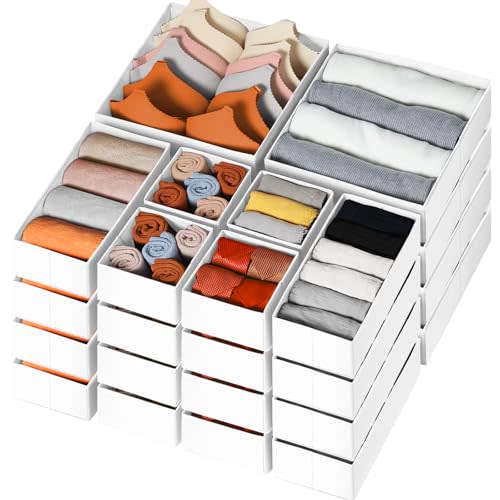 Criusia Drawer Organizer Clothes, 24 Pack Dresser Organizer Bins for Nursery Bedroom, Closet Organization and Storage Dividers for Clothing, Baby Clothes, Underwears, Socks (White)
