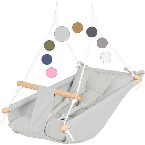 CaTeam Canvas Toddler Swing – Indoor/Outdoor Hanging Chair for Patio & Playroom with Safety Belt – Wooden Baby Seat for Ages 18+ Months – Gray