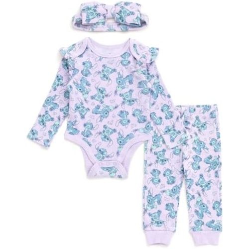 Disney Baby Girls Ribbed Bodysuit, Jogger Pants & Headband 3 Piece Outfit Set Newborn to Infant Sizes (Newborn - 24 Months)