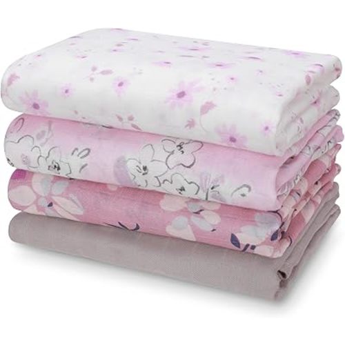 Muslin Swaddle Blankets, Nursery Receiving Blankets for Girls & Boys, Soft & Breathable Baby Muslin Swaddle, Large 47 x 47 inches, New Born Essentials, 4 Pack, Purple Bloom