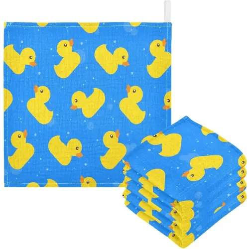 3 Pack Rubber Ducks Baby Muslin Washcloths, Blue Soft Absorbent Face Towel Burp Cloths Cotton Bath Wipes Infant Wash Cloth for Newborn Boys Girls