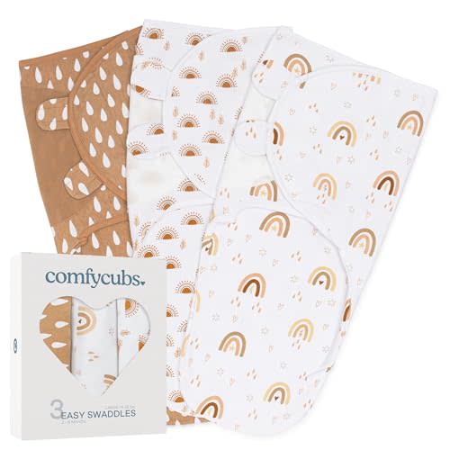 Comfy Cubs Easy Swaddle Blanket, 3 Pack - 100% Cotton Newborn Wrap, Large for 3-6 Months Infants, with Adjustable Velcro, Breathable and Durable Sleep Sack for Babies - Rainbow Bohemian