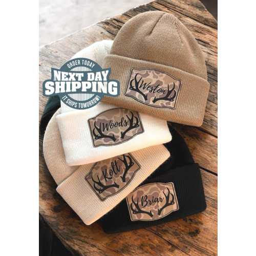 Personalized Camo Name Beanie with antlers - Style BL