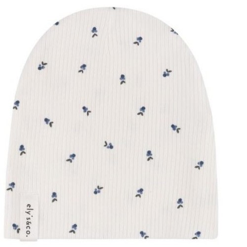 Ely's & Co. Baby Cotton Ribbed Beanie - Ivory with Blue Berry Print - 3M