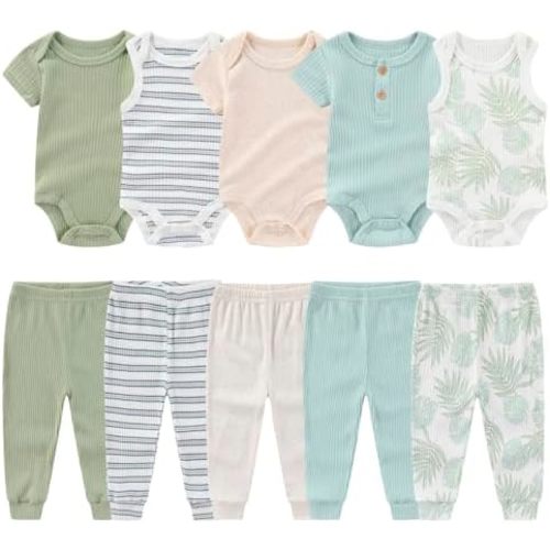 Newborn Baby Layette Gift Set 10-Piece Baby Boy Girl Short Sleeve Bodysuits with Pants Infant Outfit Essentials
