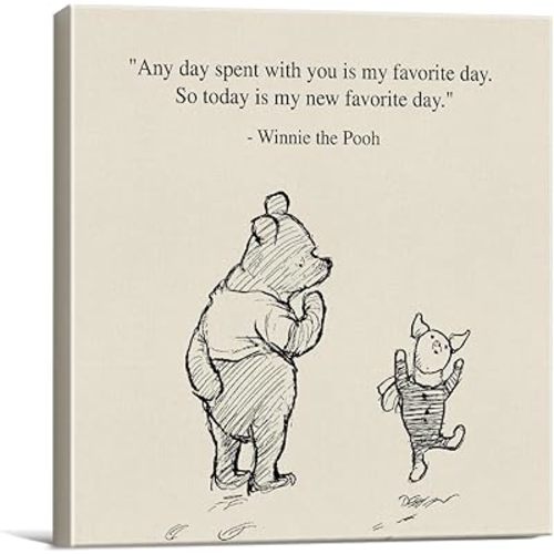 Classic Winnie the Pooh Quote Wall Art Decor Retro Any Day Spent With You is My Favorite Day Sayings Canvas Painting Pictures Framed Print Sign Artwork Ready to Hang (8x8 Inches)