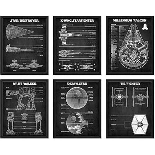 BigWig Prints: Star Wars Blueprints - Star Wars Poster, Starwars Wall Decor, Starwars Posters for Walls, Deathstar, Millennium Falcon, X Wing, Tie Fighter, AT-AT Gifts - Unframed Set of 6 (8x10)