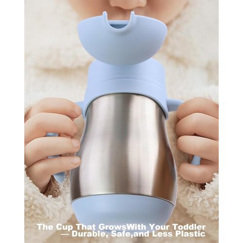 Bakpoco Stainless Steel Straw Sippy Cup for Toddlers 1-3 Years Old, Insulated Toddler Water Bottle Baby Training Tumbler with Handles, 8oz Kids Straw Cups for Travel, Daycare & At Home, Blue