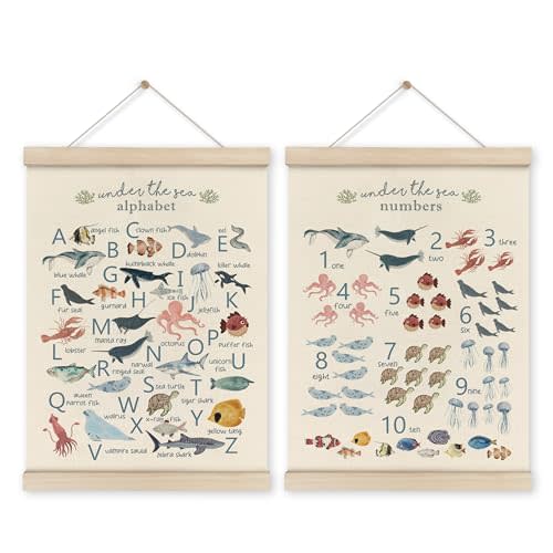 HRQKO Ocean Alphabet Poster Hanger Frame Set of 2, Ocean Nursery Decor, Sea Animal Wall Decor, ABC Poster Art with Wooden Frames, Alphabet Banner Wall Hanging Decor for Playroom Kids Room,12x16 Inch