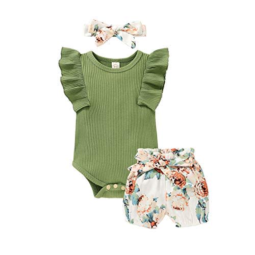 Tiny Cutey Baby Girl Clothes Infant Summer Outfits Set Ruffle Sleeve Romper and Floral Shorts with Headband