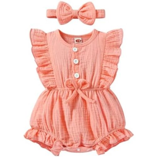 Happy Town Newborn Baby Girl Summer Clothes Infant Linen Romper Ruffle Sleeve Baby Girl Jumpsuit Outfits