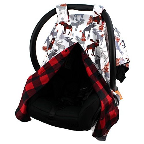 Dear Baby Gear Car Seat Canopy - Unisex Infant Car Seat Cover - Soft and Breathable Fabric - Fits Most Carseats - Winter Moose/Red Black Plaid - 40"x30"