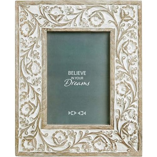 NIKKY HOME Hand Carved Floral 5x7 Picture Frame Rustic Boho Style Mango Wood Design with White Distressed Finish, Natural Wood Color