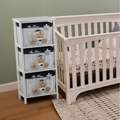 Red Barrel Studio® 3 Drawer Wooden Cabinet with Wicker Storage Baskets and Tan Teddy Bear Design for Home Organization & Reviews | Wayfair