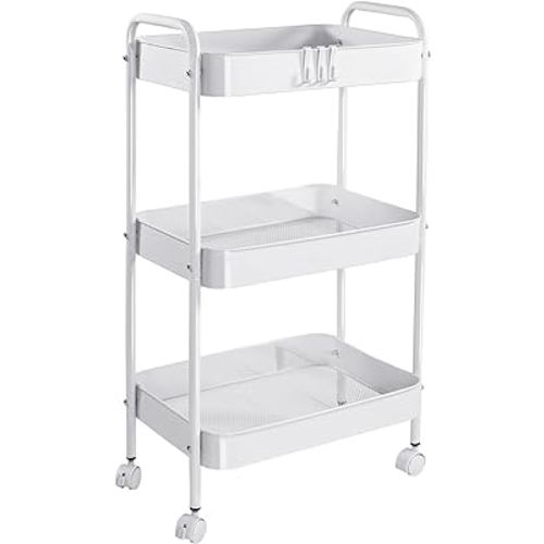 Vtopmart 3 Tier Metal Rolling Cart, Utility Rolling Carts with Wheels, Handle and Lockable Casters, Storage Trolley with Hooks, Easy Assemble for Kitchen, Living Room, Office, Nursery, Garage (White)