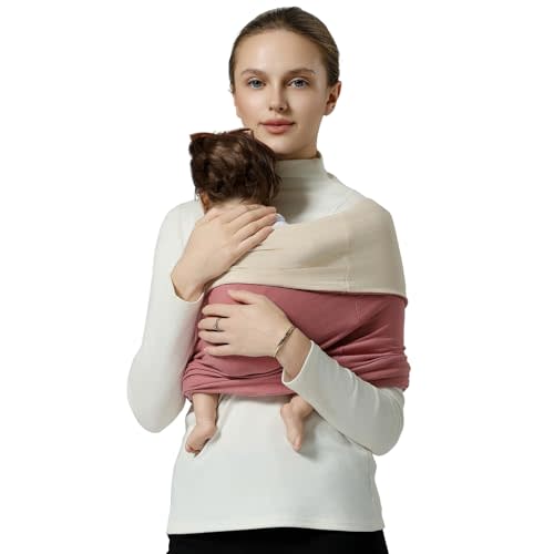 MISSWISDOM Baby Wraps Carrier, Baby Carrier Wrap Baby Wearing Wrap Newborn Wrap Carrier, Baby Sling, Baby Carrier Sling for Newborn and Infant, Cream+Pink