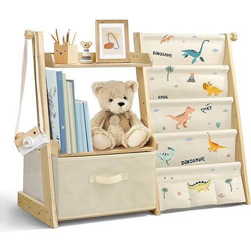 wooshwa Kids Bookshelf and Toy Organizer 2 in 1,Book Shelf for Kids Rooms with Movable Toy Bin,4 Tier Toddler Sling Book Rack for Nursery Bedroom Playroom (Dinosaur)