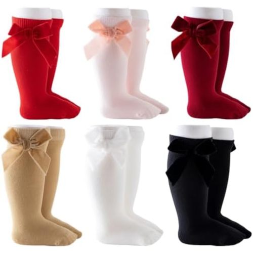 Baby Girls Knee High Socks Bow-Stitched Toddler Breathable Long Sock Cable Knit Tube