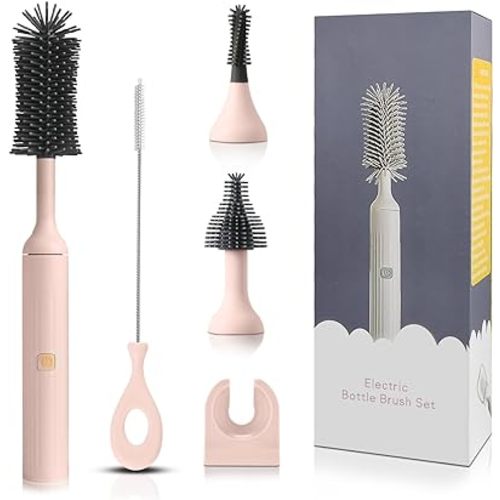 Electric Cleaning Brush with Electric Bottle Cleaner Set and Straw Brush,Suitable for Kitchen Brush and Baby Bottle Brush.Waterproof IPX65(Pink