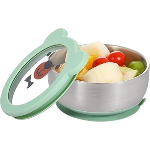 MR. CHOU Baby Bowls with Non-Slip Silicone Suction Cup, Insulated Double-Layer 304 Stainless Steel Toddler Bowls with BPA Free Airtight Lids, Food-Grade Silicone Safe for Kids (Green)