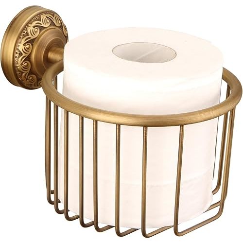 Vintage Wall-Mounted Toilet Paper Holder with Wire Basket Design, Antique Brass, Wall-Mounted Bath Hand Towel Holder with Braiding Carvings, Vintage Style.