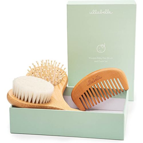 3 Piece Wooden Baby Hair Brush and Comb Set for Newborns & Toddlers in Chic Gift Box - Ultra Soft Natural Goat Hair and Wood Baby Brush Set Prevents Cradle Cap - Perfect Registry Gift (Sage)
