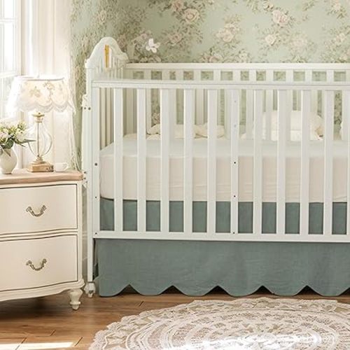 Brandream Scallop Edge Organic Cotton Crib Skirt, Baby Boy, Baby Girl, Gender Neutral Crib Skirt Toddler Bedskirt Farmhouse Chic Nursery Crib Bed Skirt, Boho Bohemian Solid Sage Green Skirt
