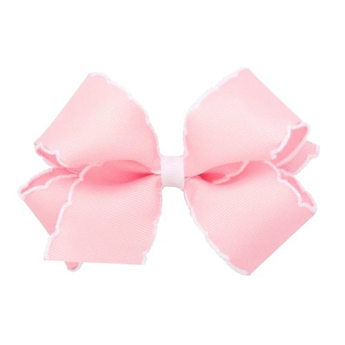 Wee Ones Girls' Classic Grosgrain Moonstitch Edge Hair Bow on a WeeStay Hair Clip, Contrasting Edge, Medium, Light Pink w/White Stitching