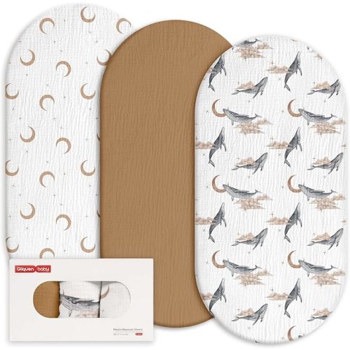 Gllquen Baby Muslin Bassinet Sheets 3 Pack, Breathable Elastic Cozy Fitted Cotton Bassinet Mattress Sheet for Baby Boy Girls, Fit for Hourglass Oval Rectangular Cradle Pad Sheets 33"x17" (Whale)