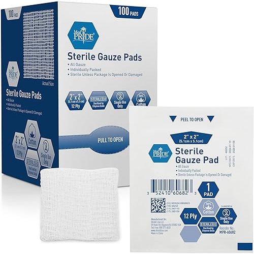 MED PRIDE 2x2 Sterile Gauze Pads Individually Wrapped, Medium Size, 12-Ply Cotton, Highly Absorbent, Bulk Pack of 100 for Wound Dressing, First Aid Kits