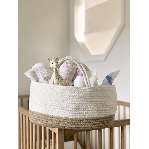 Mila Millie Baby Large Cotton Rope Diaper Caddy | Organizer Storage Bin for Nursery Essentials | Portable Bag for Changing Table and Car | 100% Natural Cotton | Eco Friendly (White & Biege)