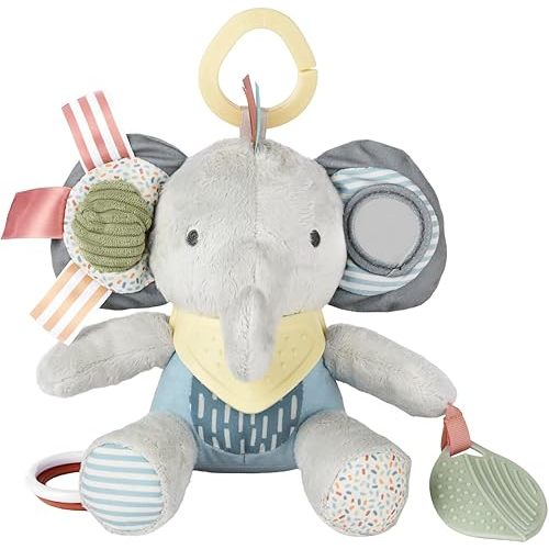 Skip Hop Bandana Buddies Soft Textured Baby Activity and Teething Toy for Multi-Sensory Play with Rattles, Crinkle Sounds, Squeaker and Mirror, Attaches to Stroller and Car Seat, Elephant, Age 0+
