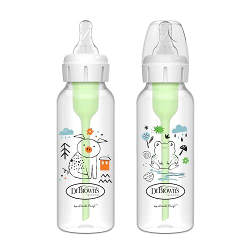 Dr. Brown's Natural Flow Anti-Colic Options+ Narrow Baby Bottle, Pig & Frog, 8 oz/250 mL, with Level 1 Slow Flow Nipple, BPA Free, 0m+, 2-Pack