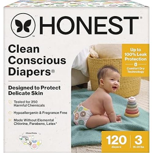 The Honest Company Clean Conscious Diapers for Sensitive Skin | Hypoallergenic, Fragrance Free | Gender Neutral Prints | Super Club Box, Size 3 (16-28 lbs), 120 Count
