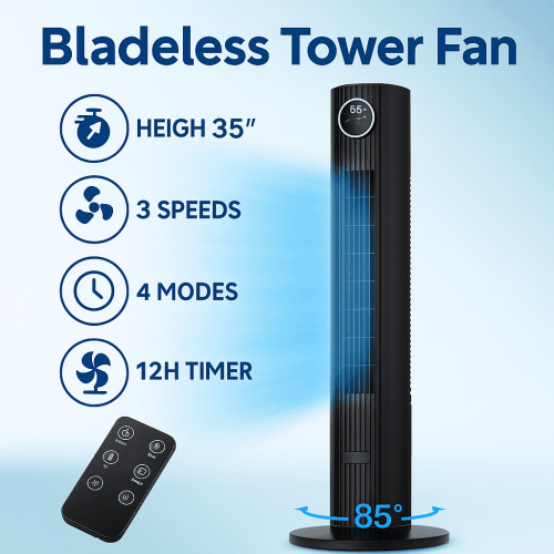 KISSAIR 35" Bladeless Tower Fan with Remote, 3 Speeds, 4 Modes, 85° Oscillation, 12H Timer, LED Display, Quiet Cooling Fan for Bedroom & Office, Black