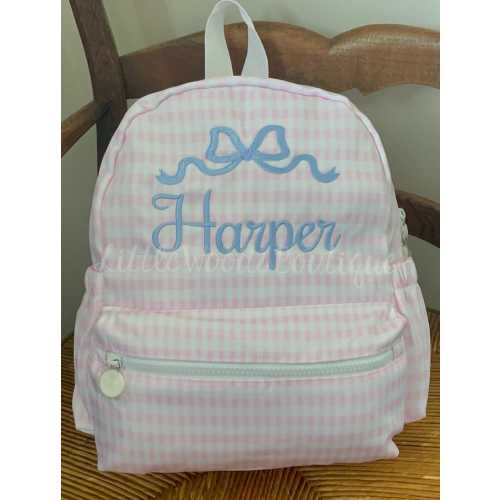 Backpack - Pink Gingham Backpack with Name and Bow Topper