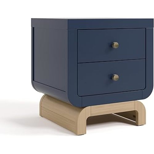 Storkcraft Santorini 2 Drawer Nightstand (Midnight Blue & Driftwood) - GREENGUARD Gold Certified Nightstand for Kids Bedroom, Premium Wood with Curved Base, “Champagne” Metal Knobs