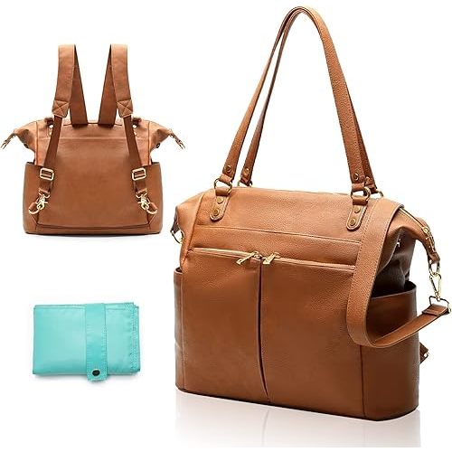 MOMINSIDE Diaper Bag Tote, Leather Diaper Bag Backpack with 14 Pockets, Convertible Baby Bag for Boys Girls, Baby Registry, Changing Pad, 4 Large Insulated Pockets(Brown)