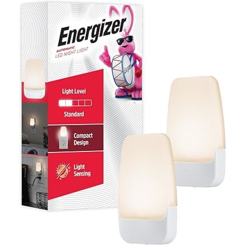 Energizer Night Light, Light Sensing, Nightlight for Bedroom, Bathroom, Nursery, Hallway, Kitchen, 3000K, White, 2pk,81565