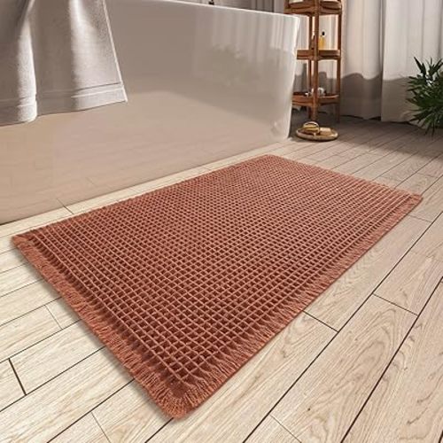 AMOAMI Upgraded Waffle Bath Mat, Super Absorbent Non Slip Bath Mats for Bathroom Floor, Machine Washable Bathroom Rugs with Tassels, Rubber Backed Bathroom Mats, Ultra Soft, 18" x 30", Dirty Orange