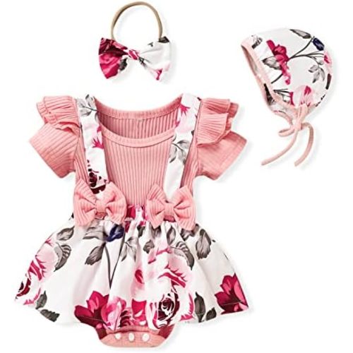 Unutiylo Preemie Newborn Baby Girl Clothes Romper Suspender Dress Summer Outfits Ruffle Short Sleeve Set