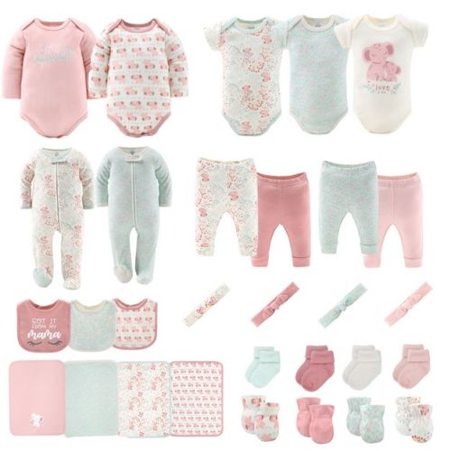 Baby Girl Layette Clothing Gift Set, 30pc - The Peanutshell® Floral Elephant, Pink Green, 3-6 Months