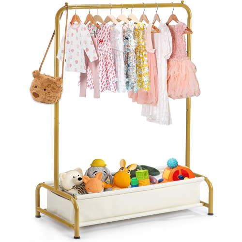 Kids Clothing Rack-Portable Kids Clothing Rack with Storage Shelf - Toddler Garment Organizer for Baby Clothes, Dance Costumes, Girls Gift Ideas(Bright Gold)