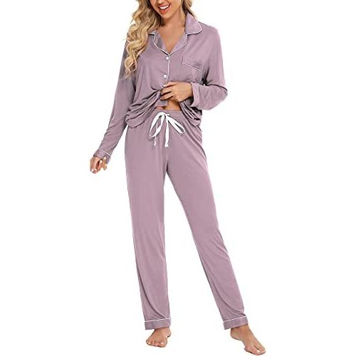 Anjue Pajamas for Women Soft Button Up Pajama Set Long Sleeve Shirt and Pajama Pants Lounge Sets S-XXL