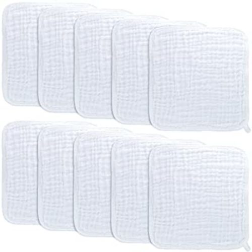 Baby Washcloths, Muslin Cotton Baby Towels, Large 10”x10” Wash Cloths Soft on Sensitive Skin, Absorbent for Boys & Girls, Newborn Baby & Toddlers Essentials Shower Registry Gift (White, Pack of 10)