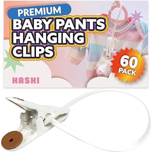 HASHI Baby Clothes & Pants Clips, Non-Slip Hanger Clips with Strong Grip, Space-Saving Organizer for Baby & Toddler Laundry, Closet, Socks, Stroller, Travel & Drying Rack (60, Premium)