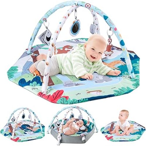 9-in-1 Tummy Time Activity Mat, Baby Play Gym Mat, Newborn Baby Essentials,with 6 High Contrast Toys for Sensory Cognition and Motor Skill Play Mats for Floor.Ideal Toddler Toys Gift
