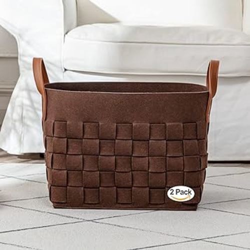Laundry Basket 15”x13”x11” 2 Pack, Large Rectangular Felt Fabric Blanket Basket with Leather Handle, Dirt Clothes Laundry Hamper for Babies, Dogs and Living Room-Brown