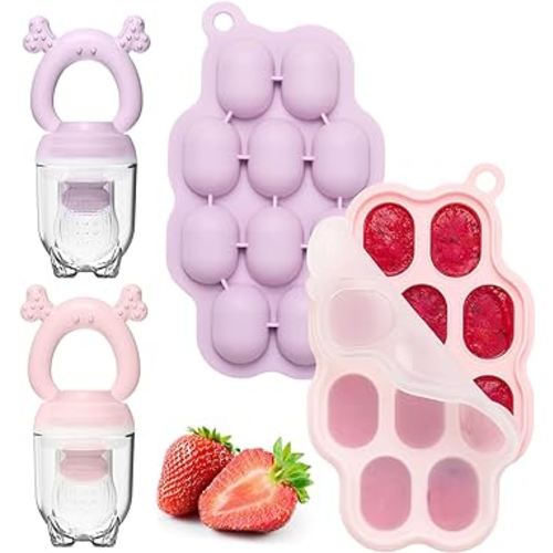 KingKam Baby Breastmilk Popsicle Molds & Baby Fruit Feeder (2 Pack), Baby Food Freezer Tray Storage Containers, Silicone Pacifier Feeder and Teether